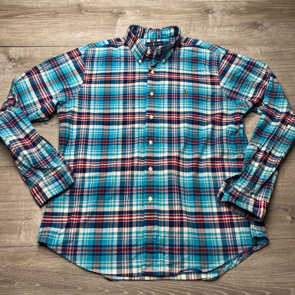Ralph Lauren Shirt Slim Fit Stretch Oxford Mens XXL Blue Red Plaid Cotton Blend